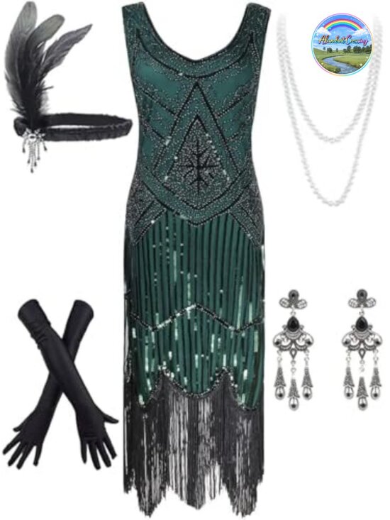 Other - 1920s Sequin Beaded Flapper Dress with Accessories Set